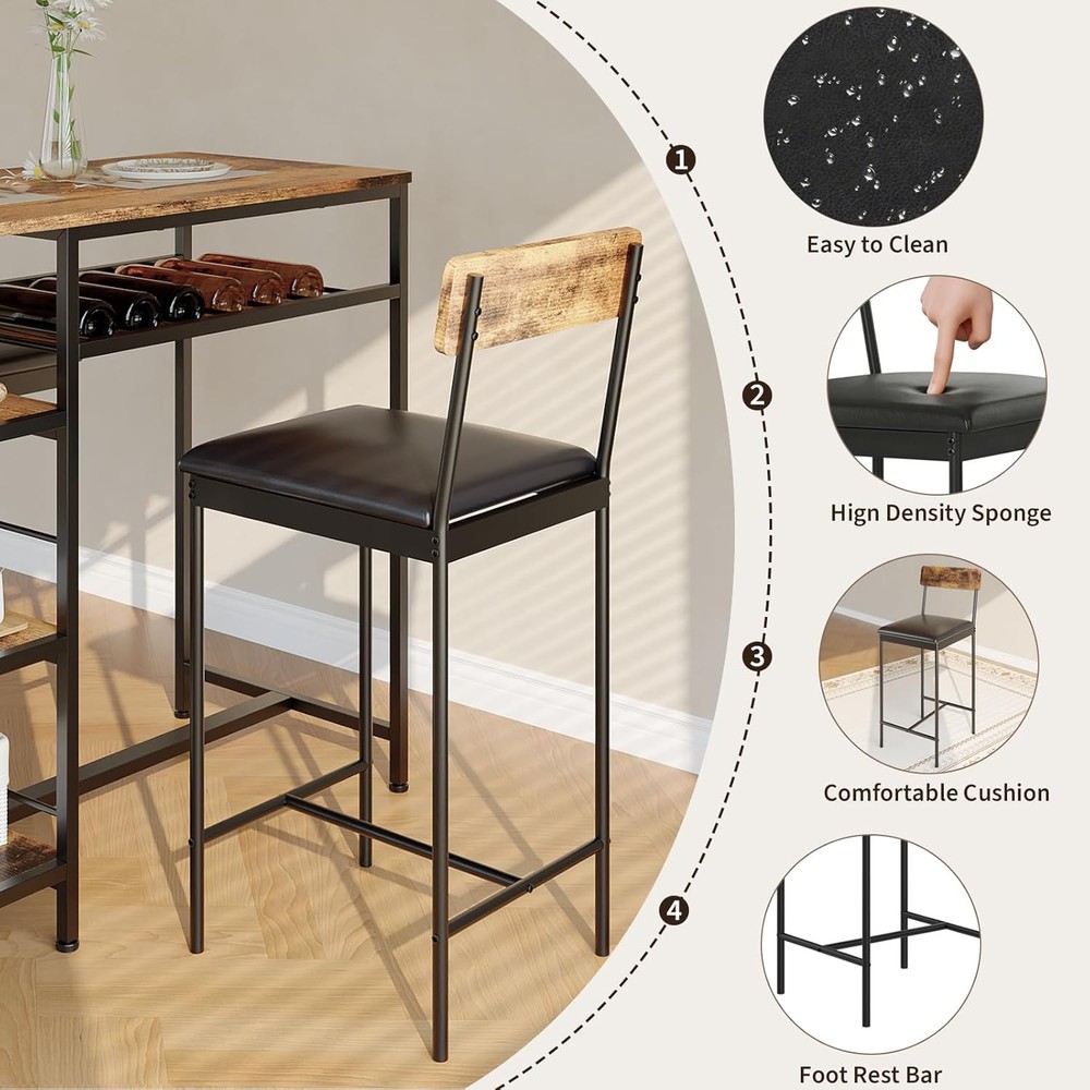 3PCS Dining Table Set w/ 2 Upholstered Bar Stool Wine Rack Kitchen Dining Room