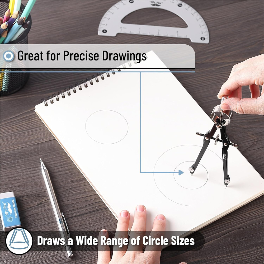 Mr. Pen- Professional Compass with Lock, Black, Compass for Geometry, Drafting C