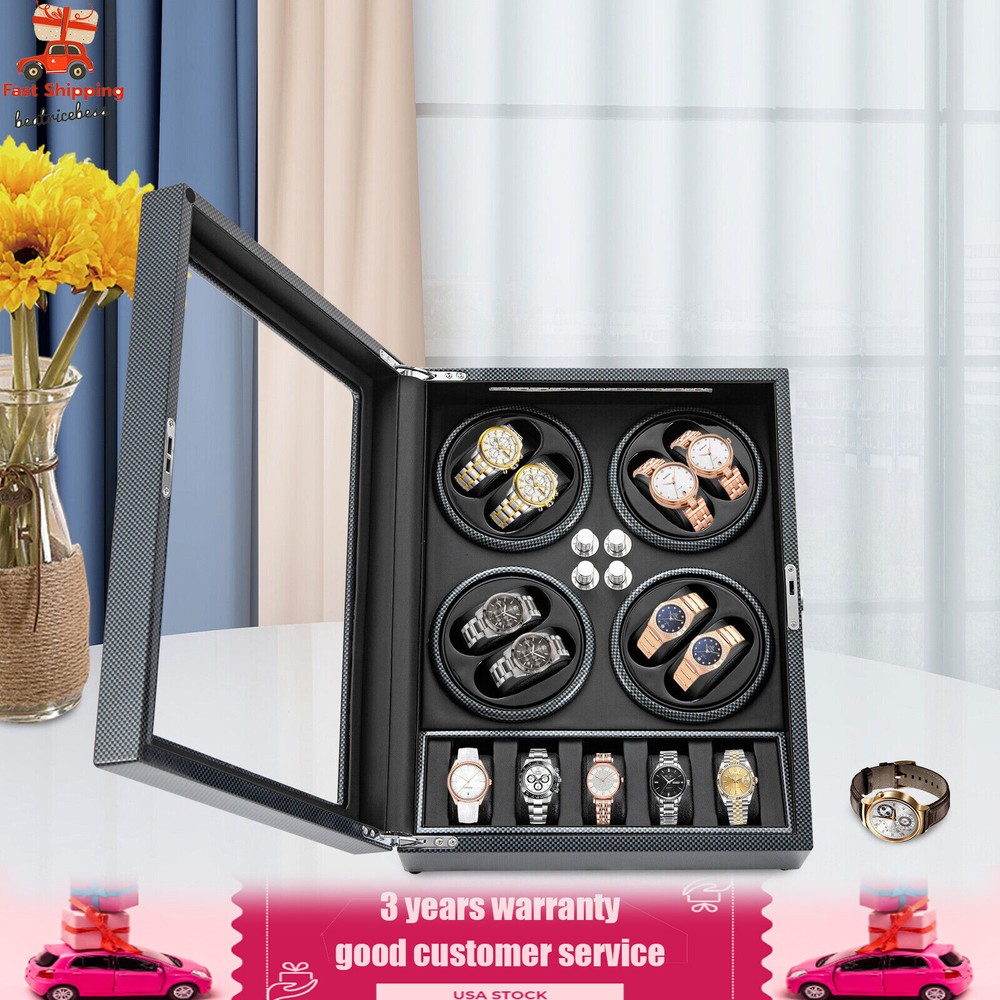 Automatic Rotation 8 Watch Winder Box w/5 Watches Display Storage Case Light LED