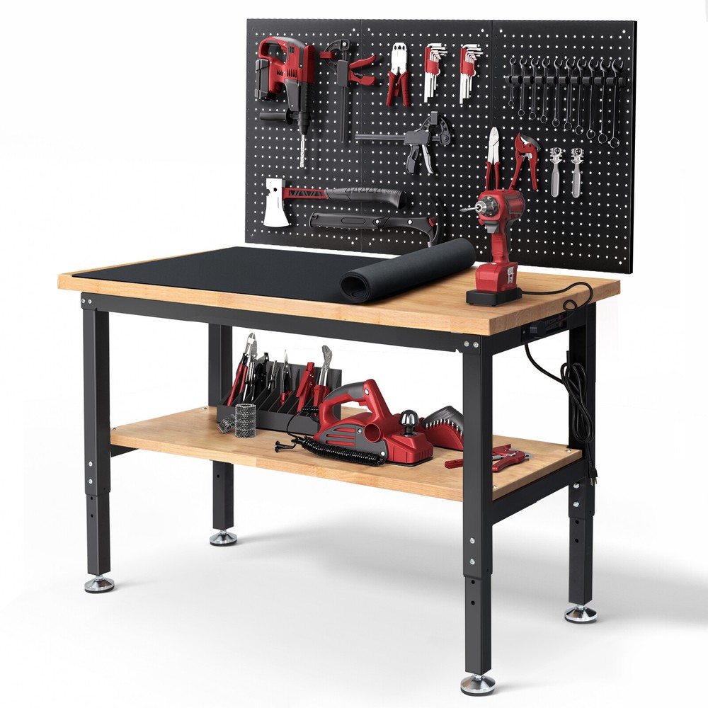 Adjustable 48'' Workbench Workstation 2000LBS Worktable w/ Power Outlet/Pegboard