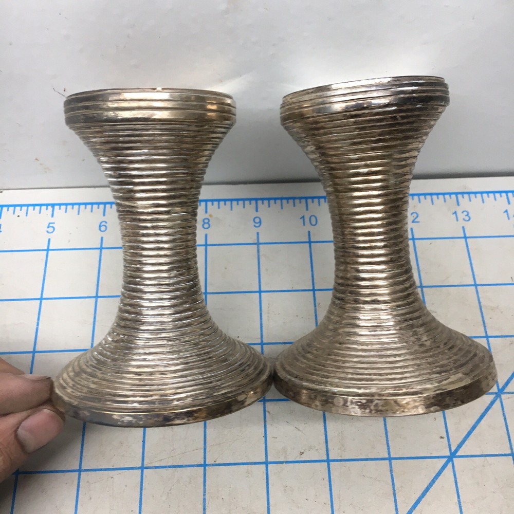 Unknown vintage candlesticks ribbed pair silver chrome Short 4” Tall