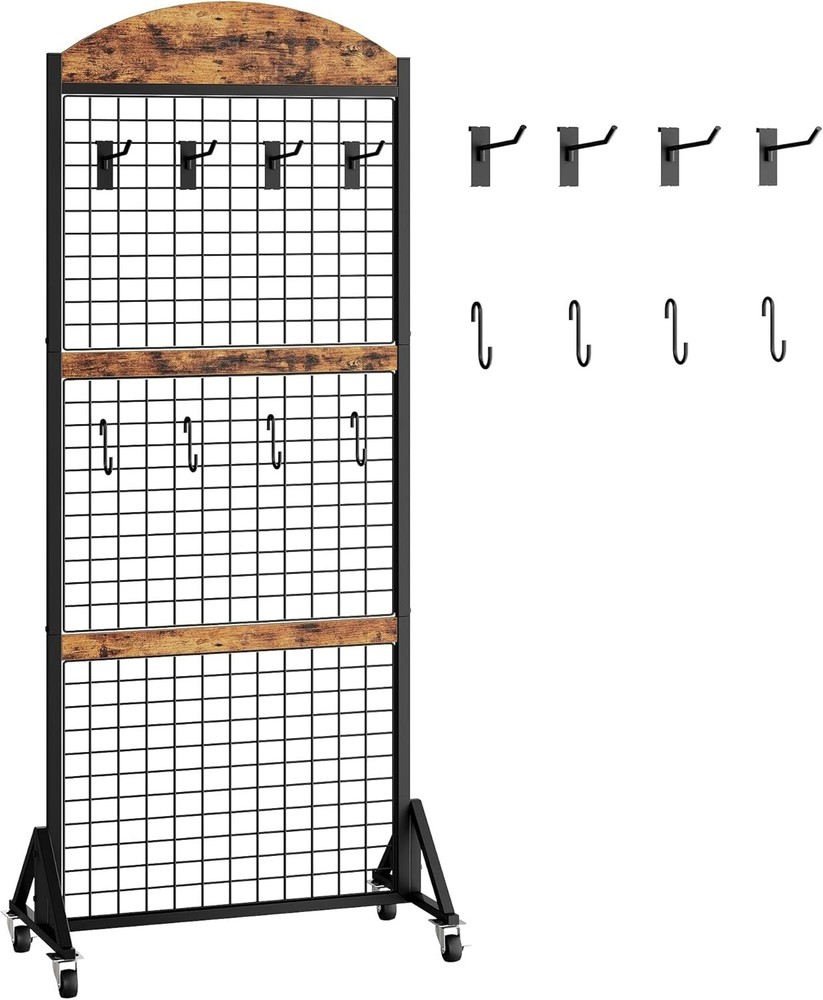 Display Grid Rack 5.2 ft Panel & Rustic Wood Stand Craft Art Gridwall Wire Tower
