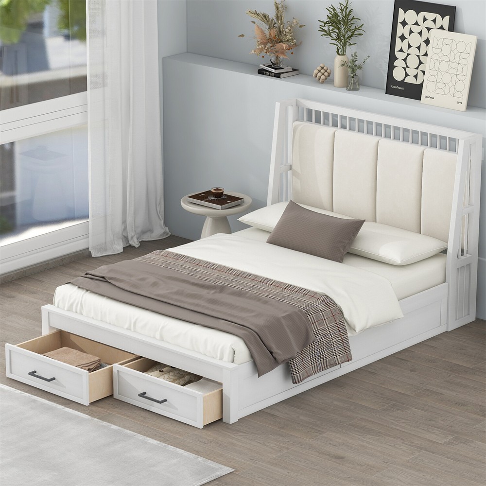 Full/Queen Size Bed Frame Upholstered Platform Bed Frame w/ 2 Drawers White