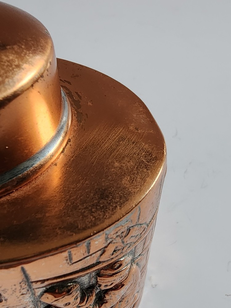 Antique Bright COPPER Tea Caddy Repousse People In Streets Hallmarks On Bottom