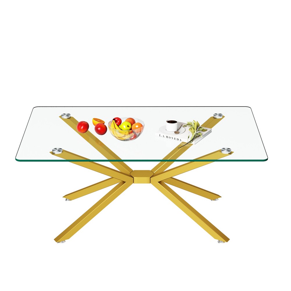 39.37" Rectangular Clear Tempered Glass Coffee Table,Stylish Design with Gold