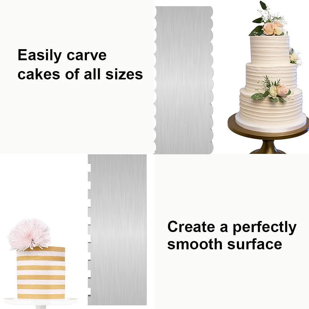 2 Pc Stainless Steel Cake Scraper Cake Decorating Tools Edge Side Jagged Wave...