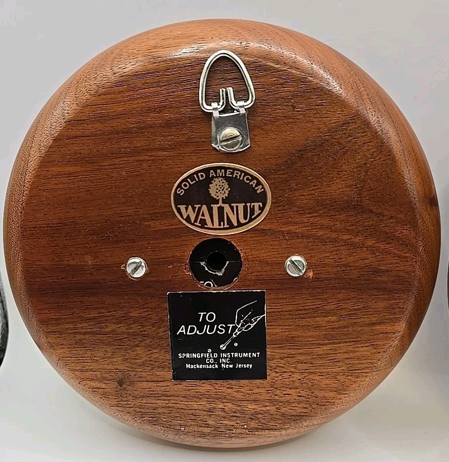 Vintage SPRINGFIELD Set Therometer & Barometer Solid American Walnut Round 5.5"