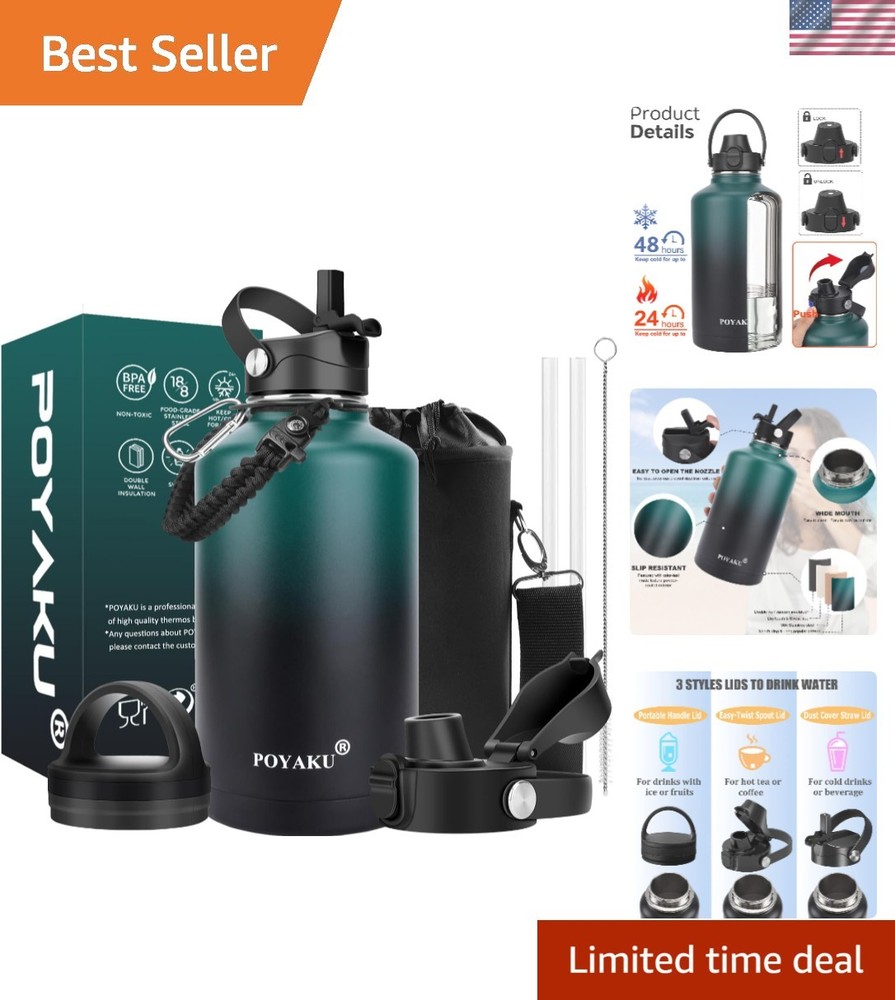 Versatile 64oz Insulated Bottle - Includes Straw, Spout & Push-Button Lid