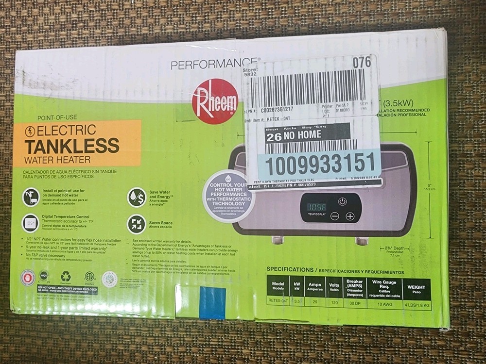 Rheem Performance 3.5 kW 0.68 GPM 120-V Point-Of-Use Tankless Electric Water Hea