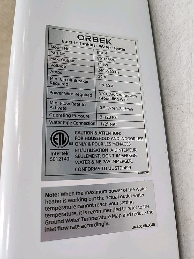 NEW Orbek 14KW Tankless Electric Water Heater ET-14KW
