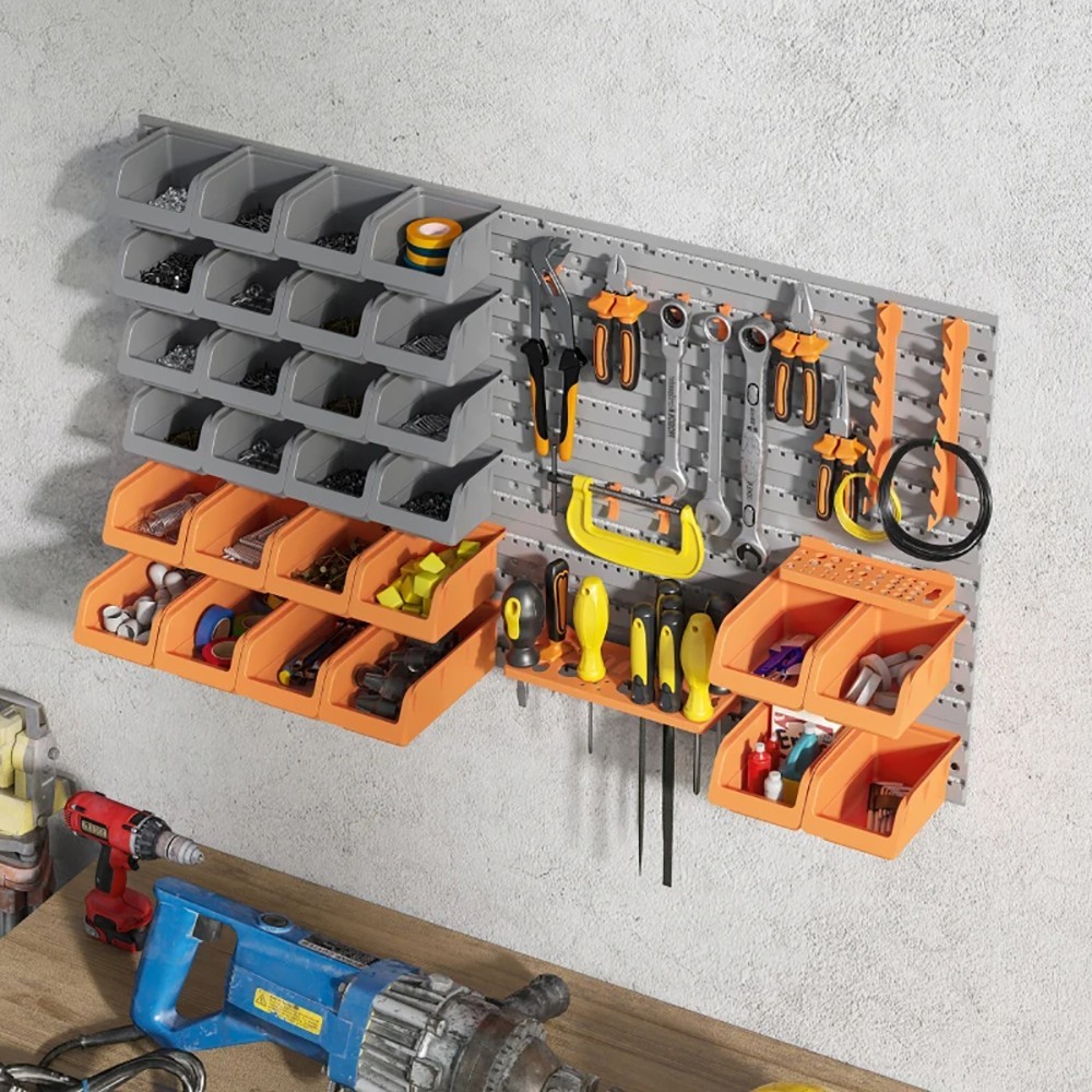 44PCS Pegboard Tool Organizer – Orange Garage Storage w/ Bins, Hooks & Pegboard