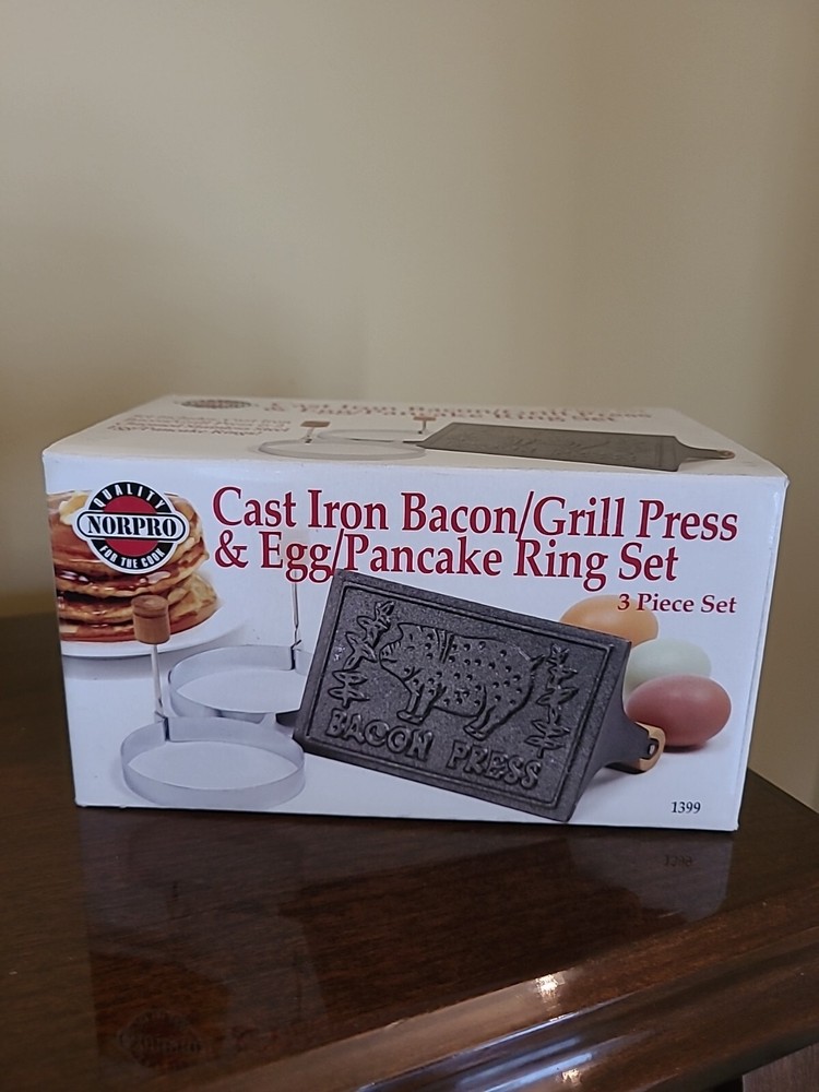 Norpro 3 Pc Cast Iron Bacon Press & Egg/pancake Ring NIB