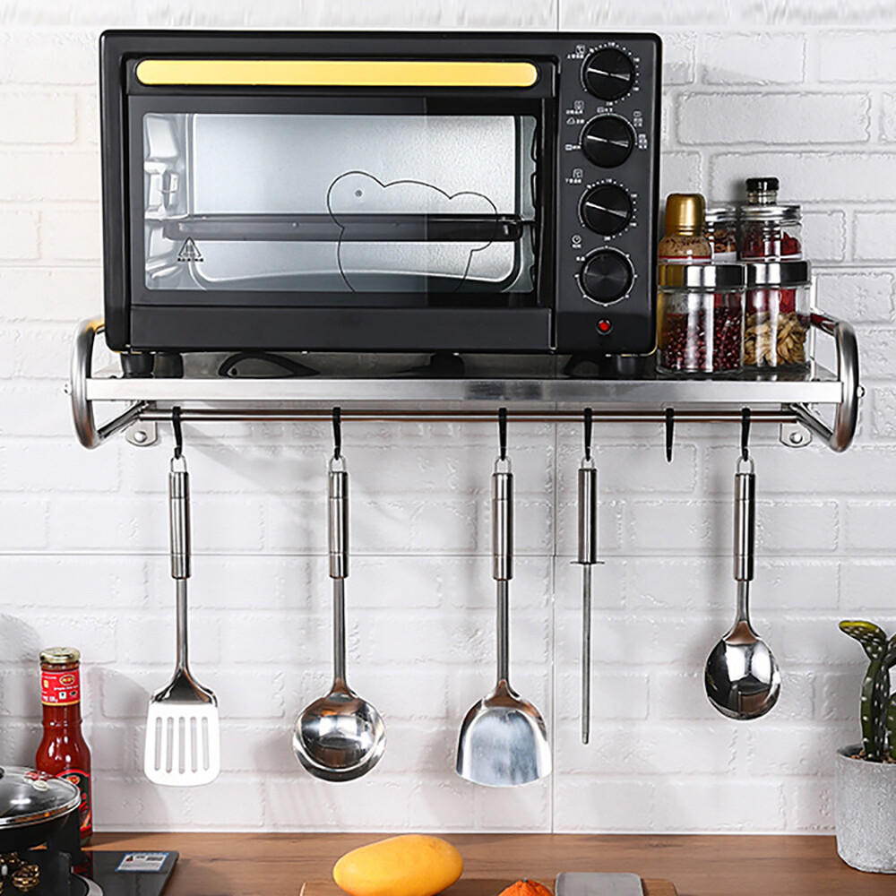 2 Tiers Adjustable Microwave Stand Wall Mounted Microwave Stand With 6 Hooks