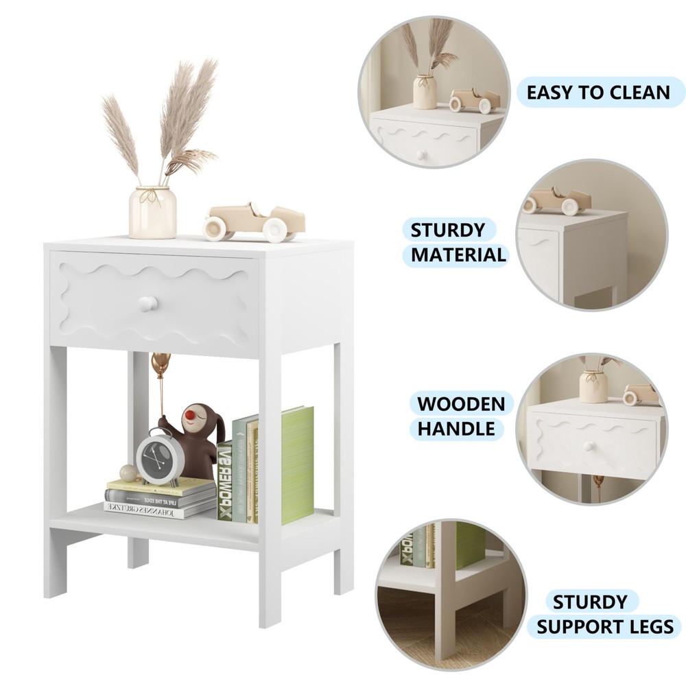 Modern Nightstand with Wave Pattern Drawer, Bedside Table with Solid Wood Frame
