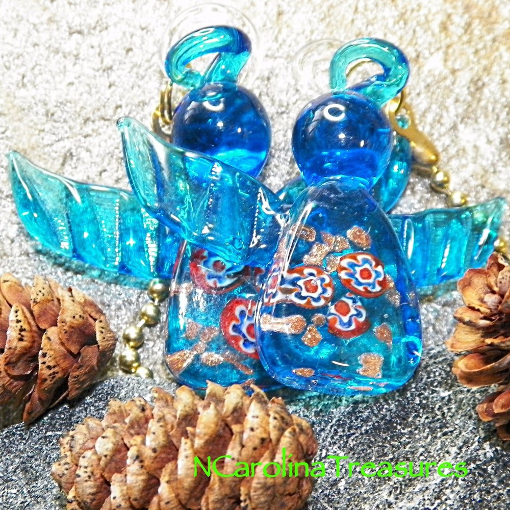 Blue Murano Glass Christmas Angel Ceiling Fan Pulls - Pair