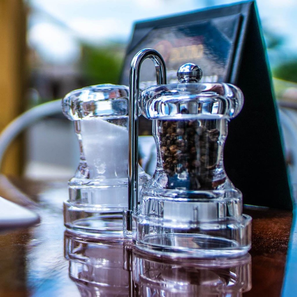 4" Capstan Acrylic Pepper Mill & Shaker Set with Rack