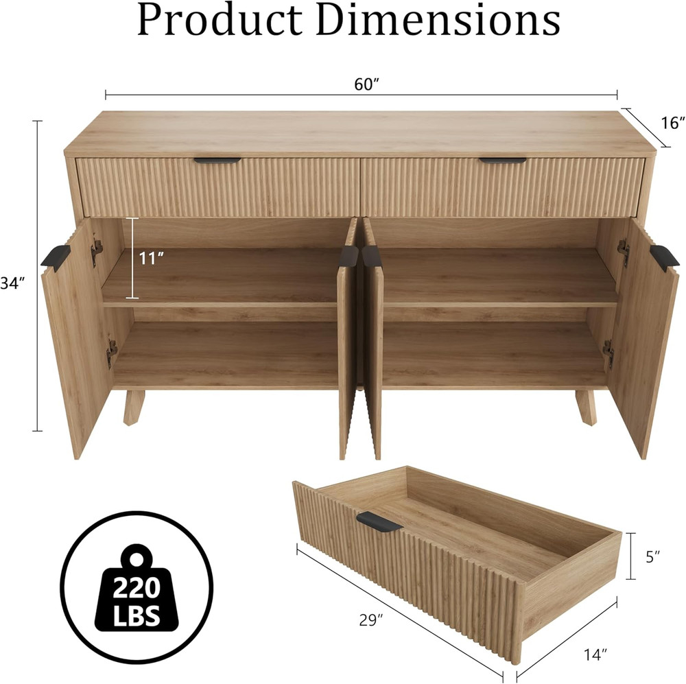 Buffet Sideboard, 60'' Sideboard Cabinet with 2 Drawers and 4 Wave Doors, Sidebo