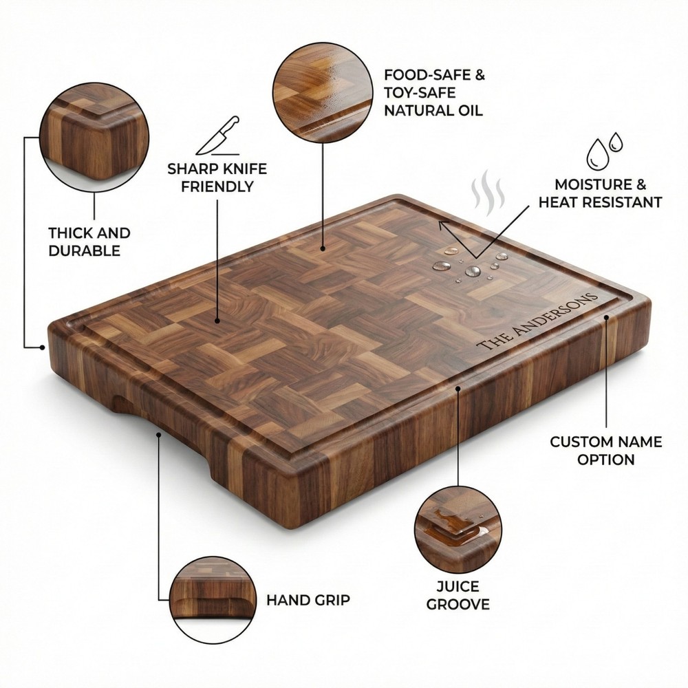 Solid Wood End Grain Walnut Cutting Board, Thick Charcuterie Chopping Block