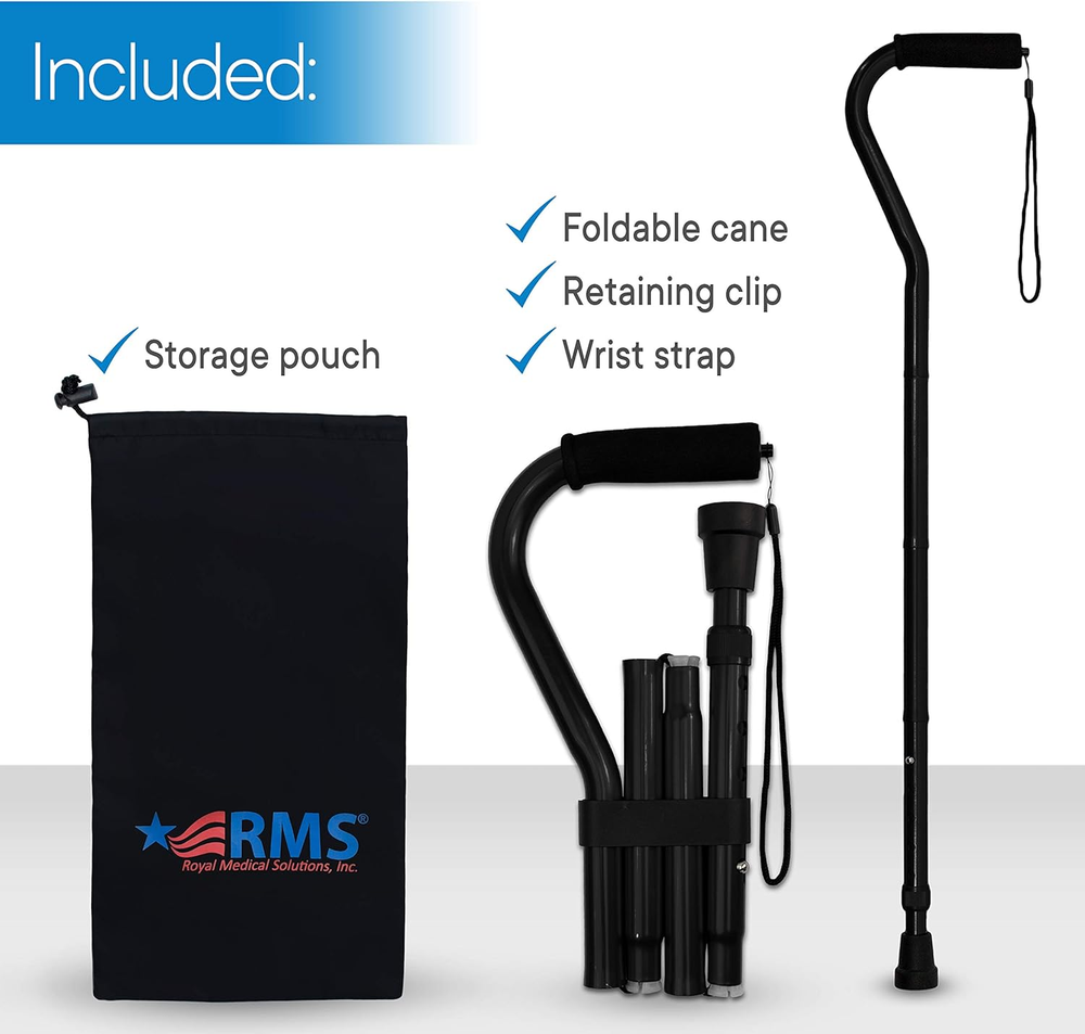RMS Folding Cane with Offset Foam Handle, Adjustable Walking Stick with Carrying