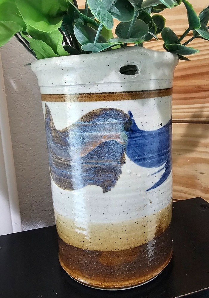 Signed Studio Pottery Vase Cream Blue Brown 7"