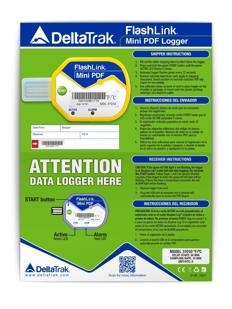 DeltaTrak FlashLink® 31010 Mini PDF In-Transit Temperature Data Logger 10-Pack