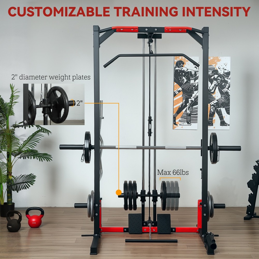 Smith Machine Power Squat Rack with Pull Up Barbell Bar Lat Pull Down System