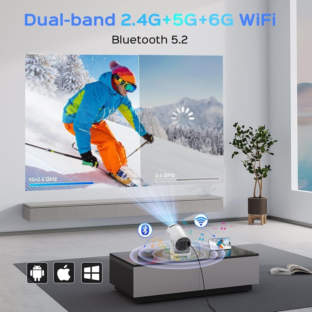 Mentech Mini Projector with WiFi & Bluetooth, up to 150" Screen, Apps, White