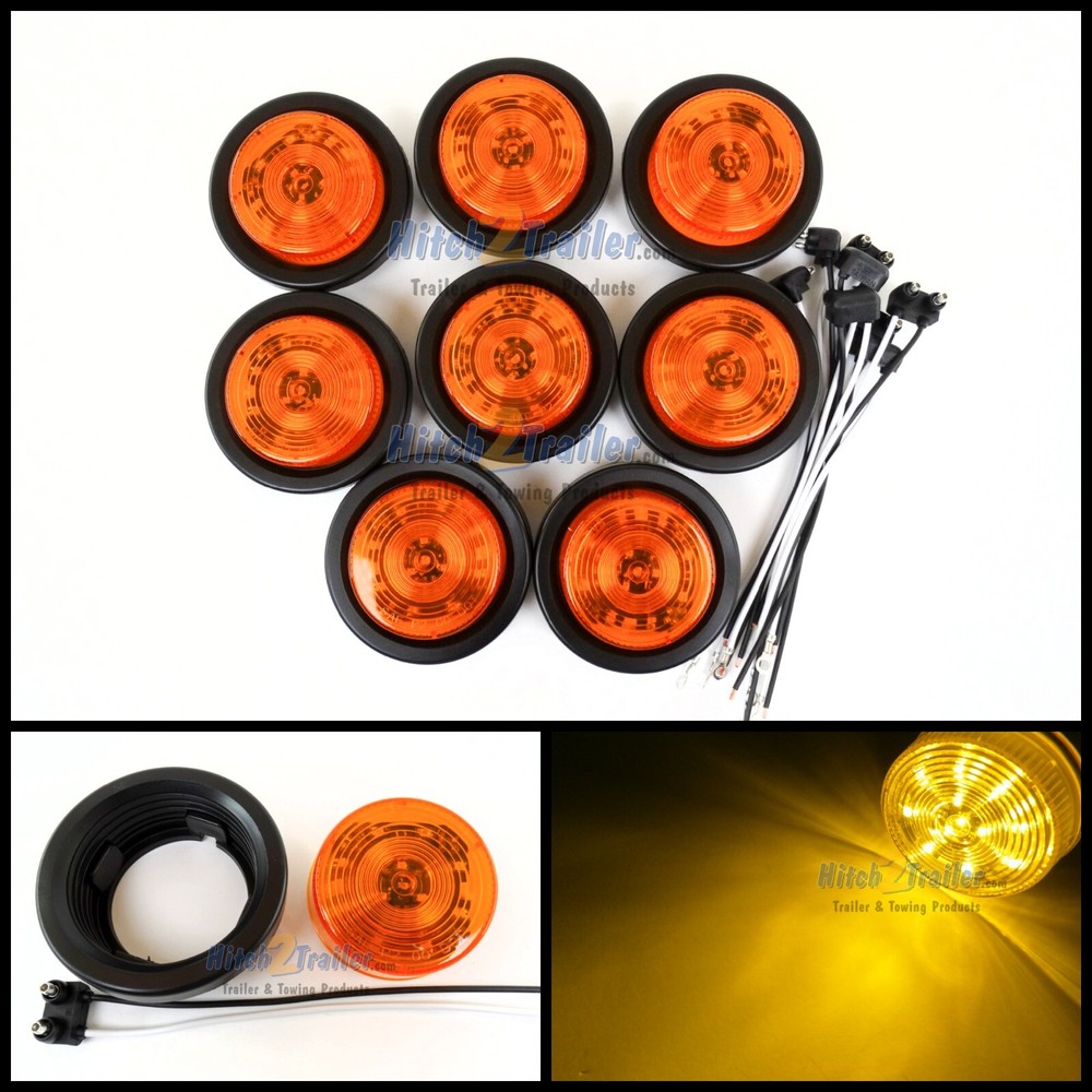 (8) AMBER 12 LED Light Trailer 2-1/2" round,w/plug,Grommet Clearance marker 2.5"
