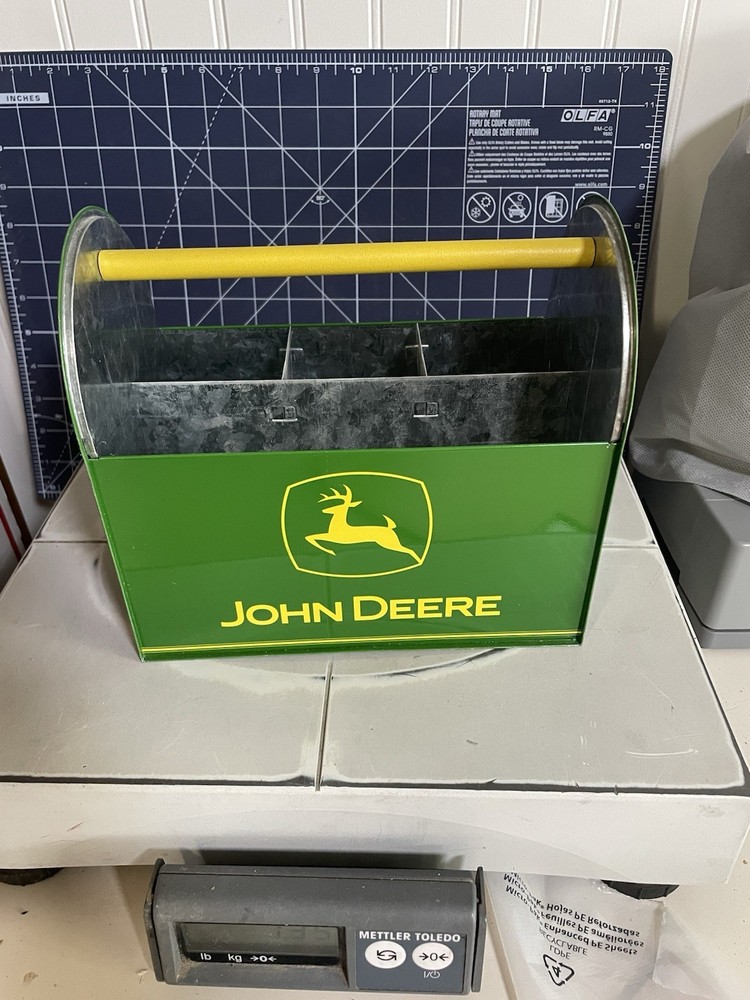 John Deere Tin Caddy Box Wooden Handle Tool Utensil Compartments