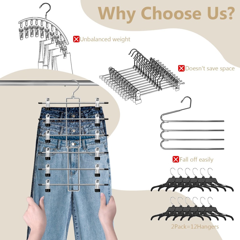 Pants Hangers with Clips,Space Saving Hanging Closet 1pack, Silver