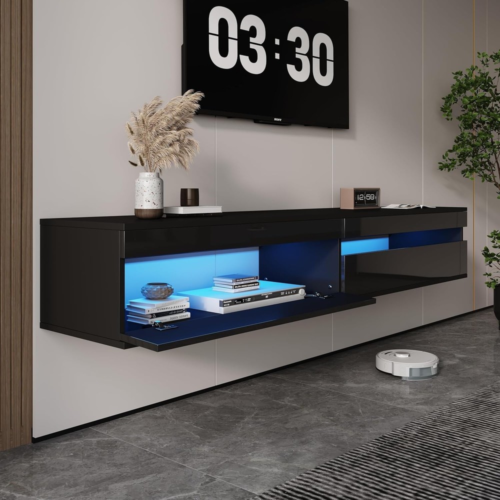Solid Wood Floating TV Stand W/ LED Lighting & Power Outlet,71" High-Gloss