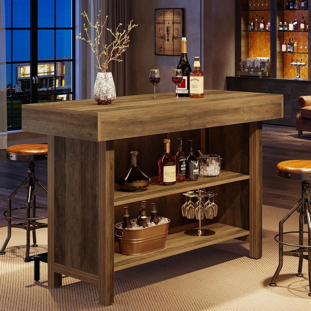 57.48-Inch Rectangular Bar Table, Industrial Home Bar Unit with Metal Footrest