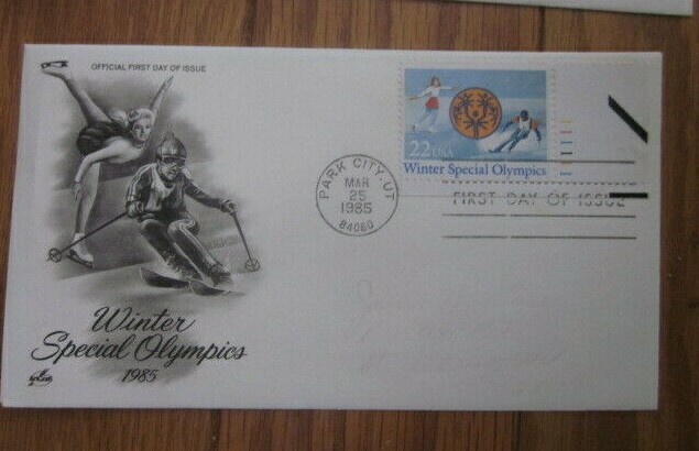 WINTER SPECIAL OLYMPICS 1985 PLATE# CORNER SINGLE ARTCRAFT CACHET FDC