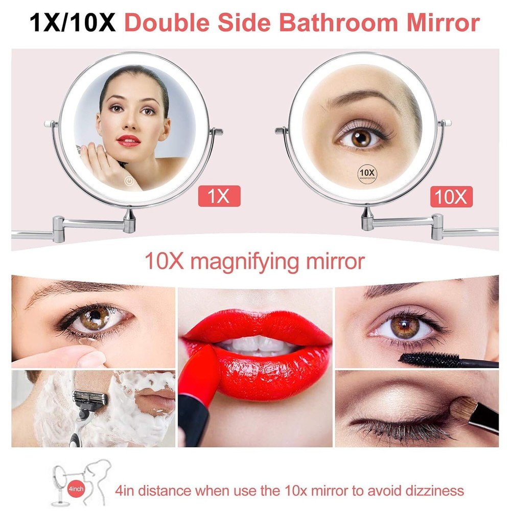 Rechargeable wall mounted illuminated vanity mirror 8 inch double sided