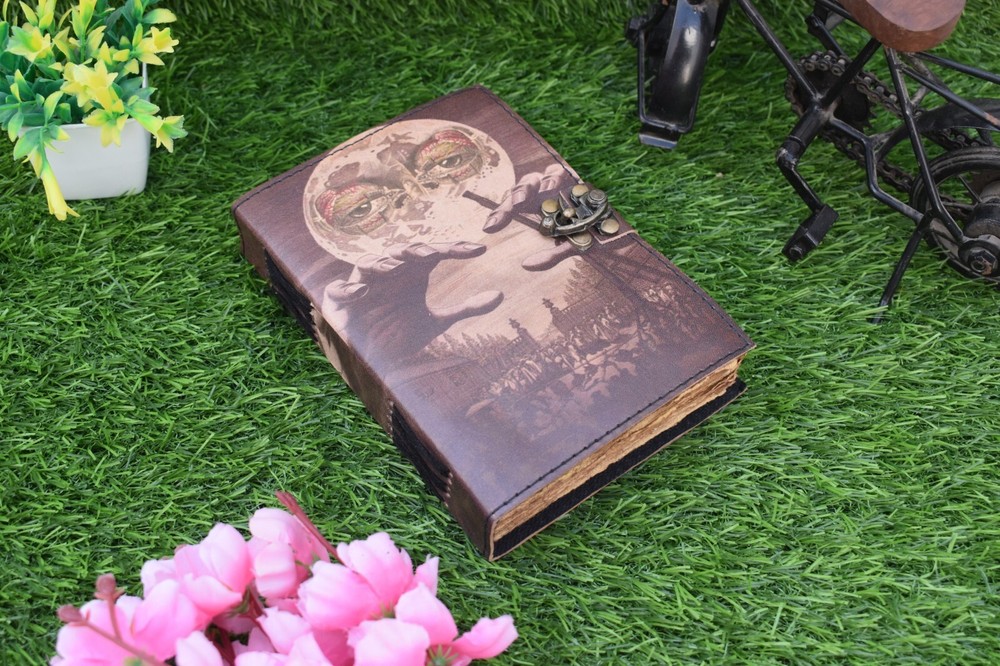 Wicca Moon Magic Witchcraft printed leather journal Deckle edge notebook 7x5"