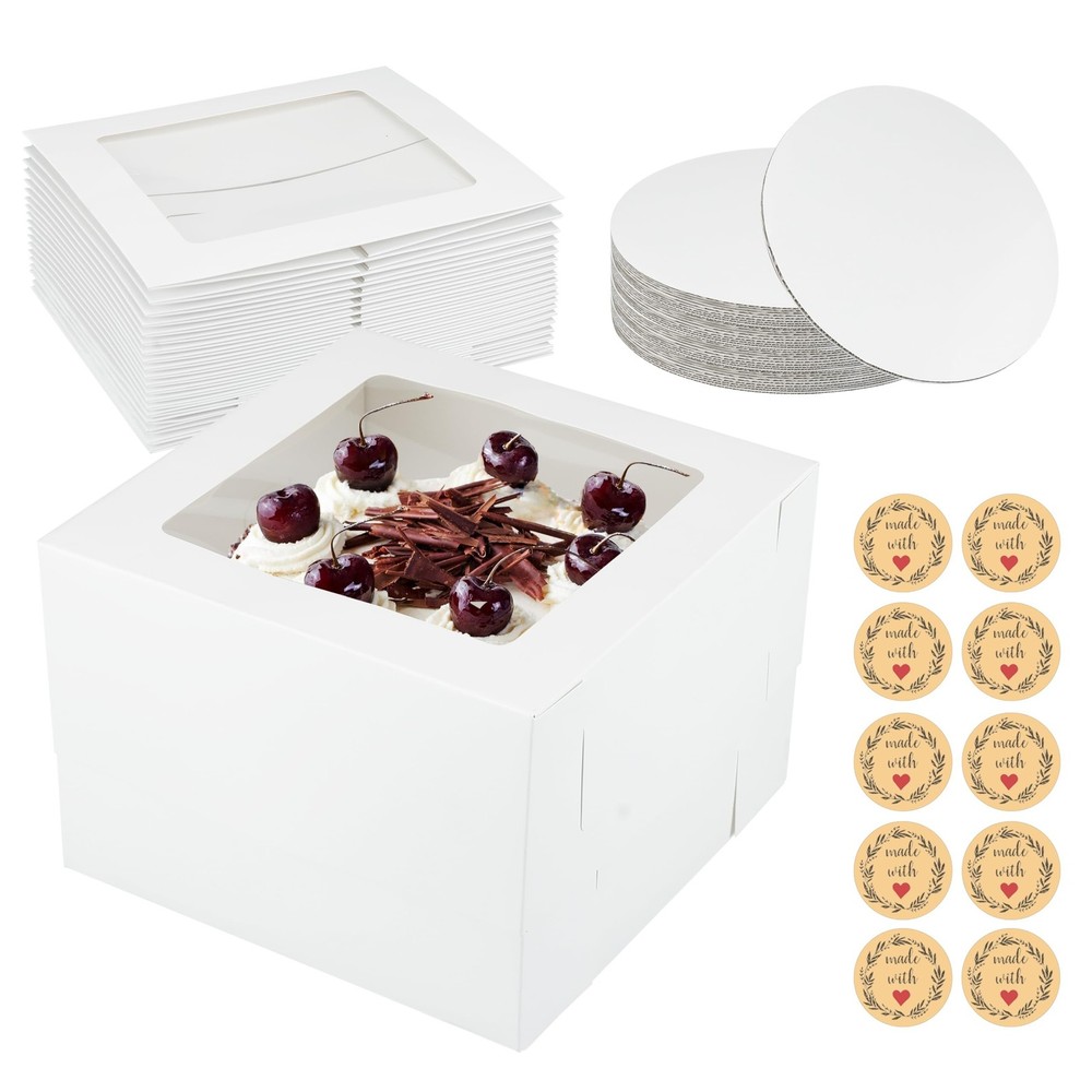 15PCS Cake Boxes with Window,12x12x8 Inch White Bakery Boxes,Cake Board,Stick...