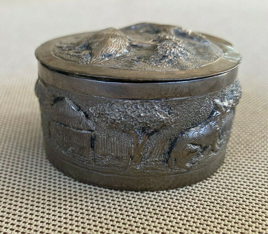 Antique Repousse Silverwork Trinket Patch Box Animals Trees Round Handmade
