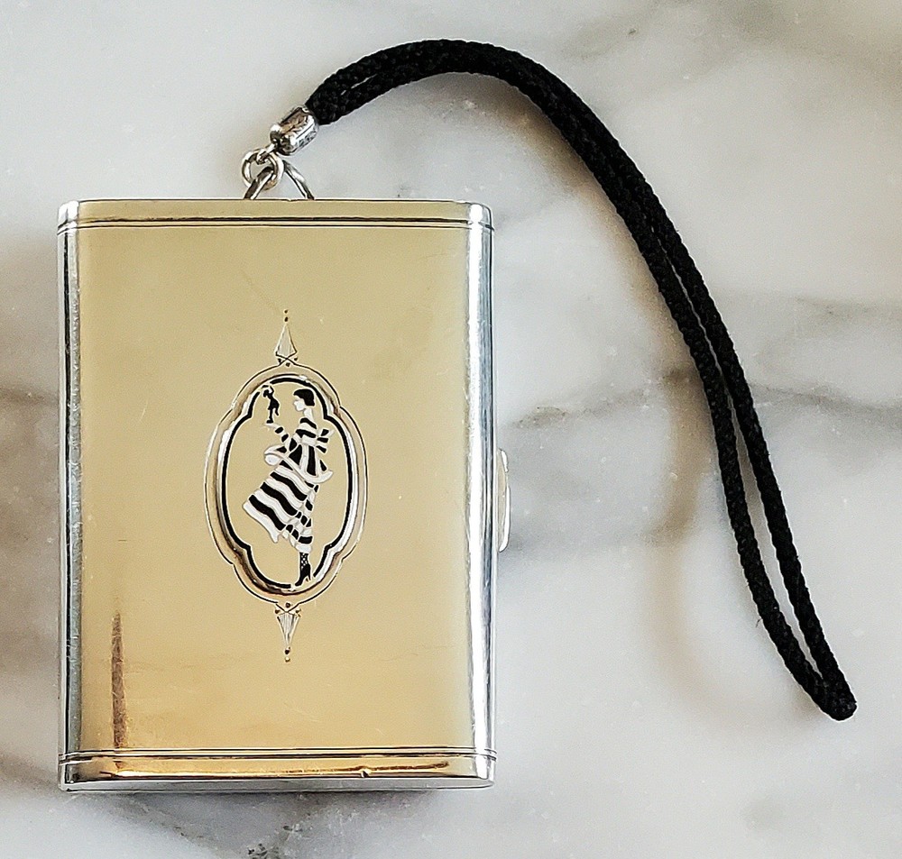 Unger Bros Sterling Silver Art Deco Enamel Flapper Cigarette Case Engine Turned