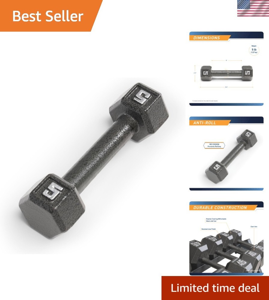 5 lb Cast Iron Hex Dumbbell with Knurled Handle for Ultimate Grip & Control