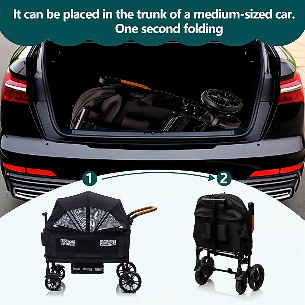 Luxury Wagon Stroller for 2 Kids & Cargo-Lightweight Foldable Travel Push Pull A