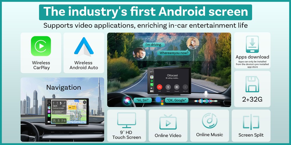 Ottocast 9" Car Touchscreen Wireless CarPlay+Android Streaming w/Youtube+TK