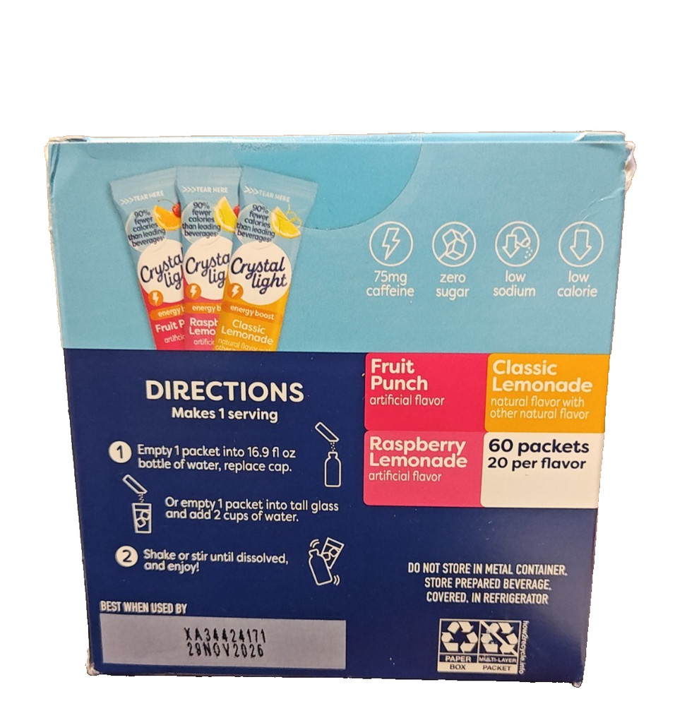 60 PK Crystal Light Variety Pack Fruit Punch Raspberry Lemonade Classic Lemonade