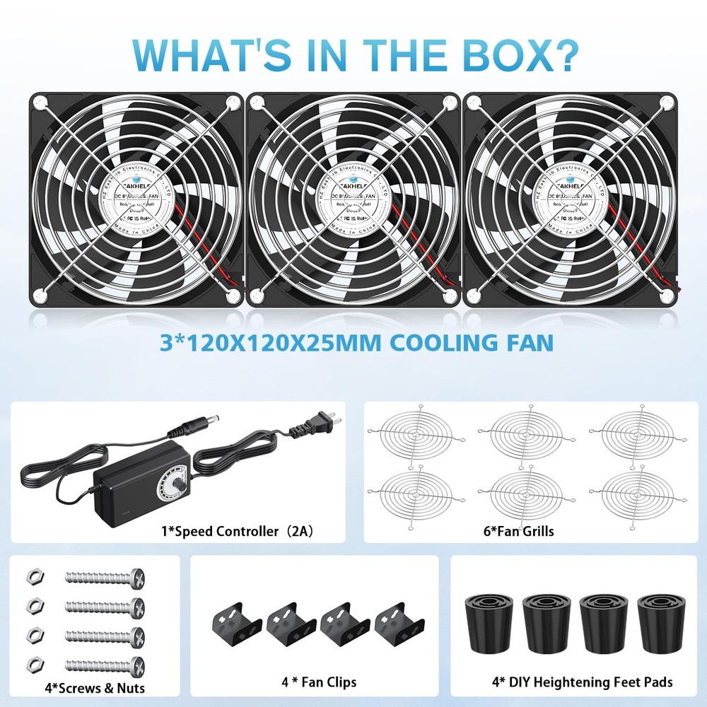 3X120mm Computer Fans with AC Plug & Speed Controller - 12V DC 3x120mm