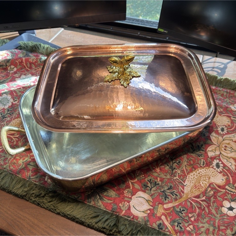 Ruffoni Copper Tim Lined Rectangular Roasting Tray with Lid and Handles