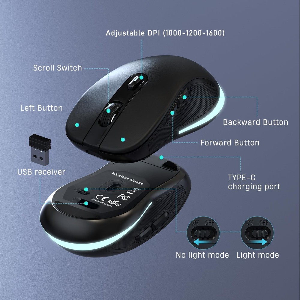 Large Print Wireless Keyboard Mouse Combo 7 Colors Backlit Oversize Letters