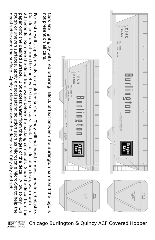 K4 HO Scale Decals Burlington CB&Q ACF Covered Hopper Red