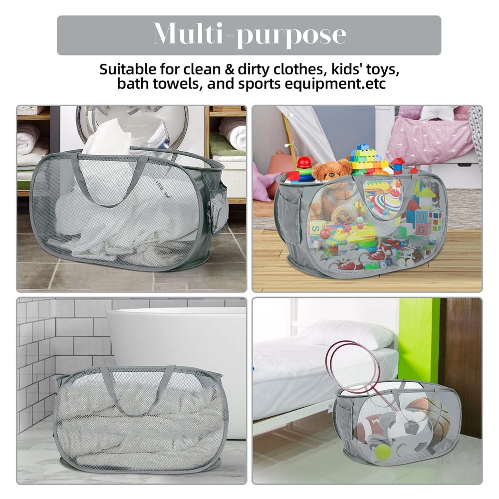 4 Pack Grey Collapsible Laundry Baskets, Foldable Pop Up Hampers, Handles