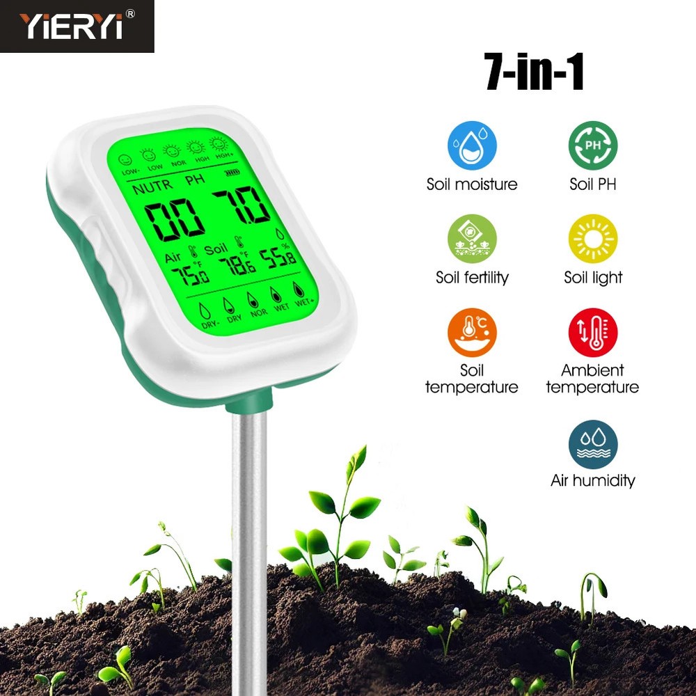 7-in-1 Soil pH Meter Rotatable Backlit Display Nutrient Analyzer Moisture Sensor