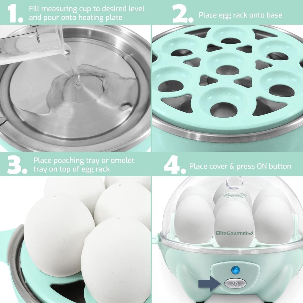 Elite Gourmet Easy Electric 7 Egg Capacity Soft, Medium, Hard-Boiled Mint