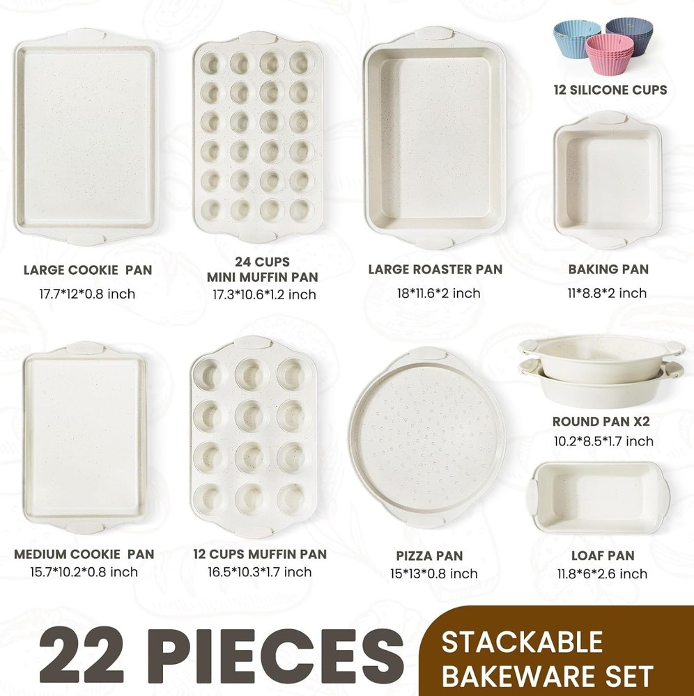 22PCS Nonstick Bakeware Set – Stackable Baking Pans with Silicone Handles